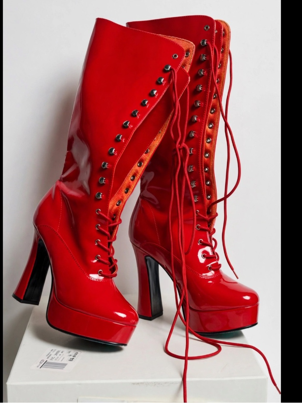 Red Patent High-Heel Lace-Up Platform Boots - Women
